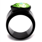 Black ion plated statement ring featuring a large green gemstone for bold fashion appeal