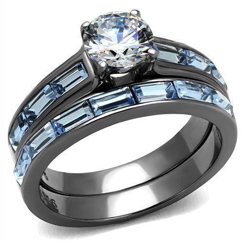 Stunning IP gun color engagement ring with a sparkling center stone and blue accents for a modern look