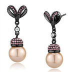 IP gun metal fashion earrings featuring pink accents and elegant pearl drops for stylish women