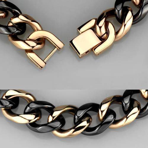 IP rose gold fashion bracelet featuring intertwined black and rose gold links for a stylish look