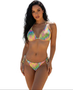 VacationGrabs iridescent zigzag bikini set featuring vibrant colors and adjustable ties for a stylish beach look