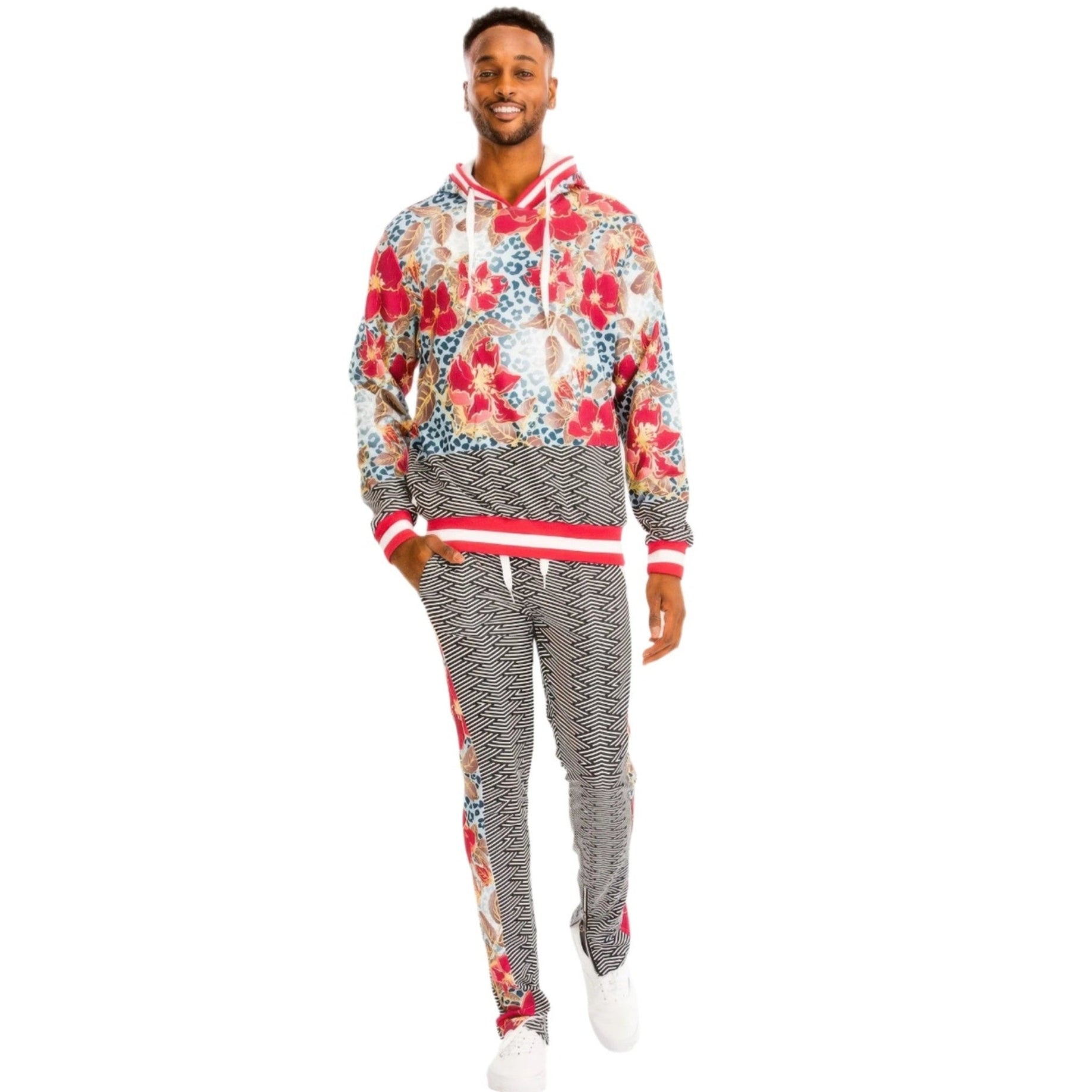 Men's VacationGrabs island print hoodie set featuring floral and geometric designs with comfortable fit