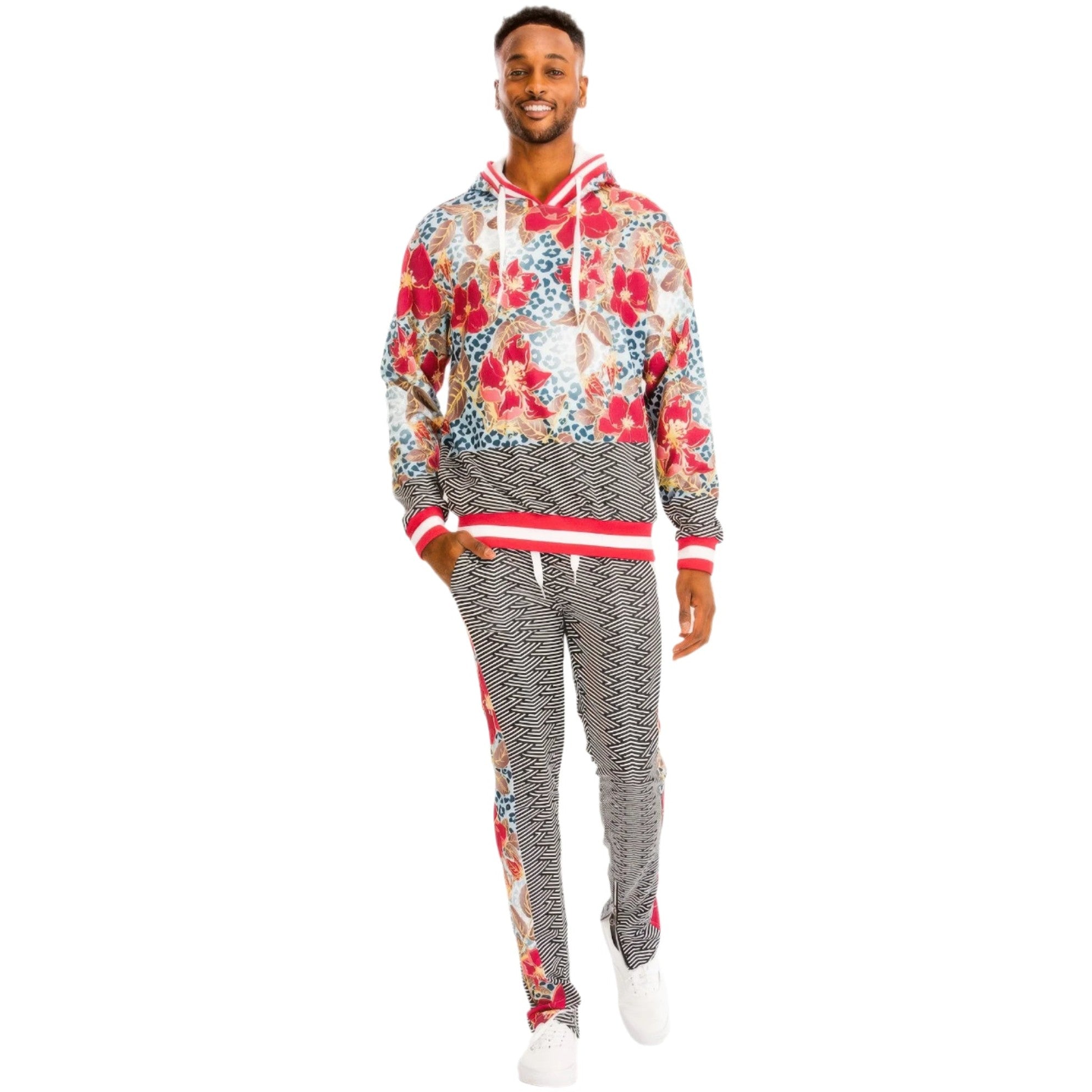 Men's VacationGrabs island print hoodie set featuring floral and geometric designs with comfortable fit