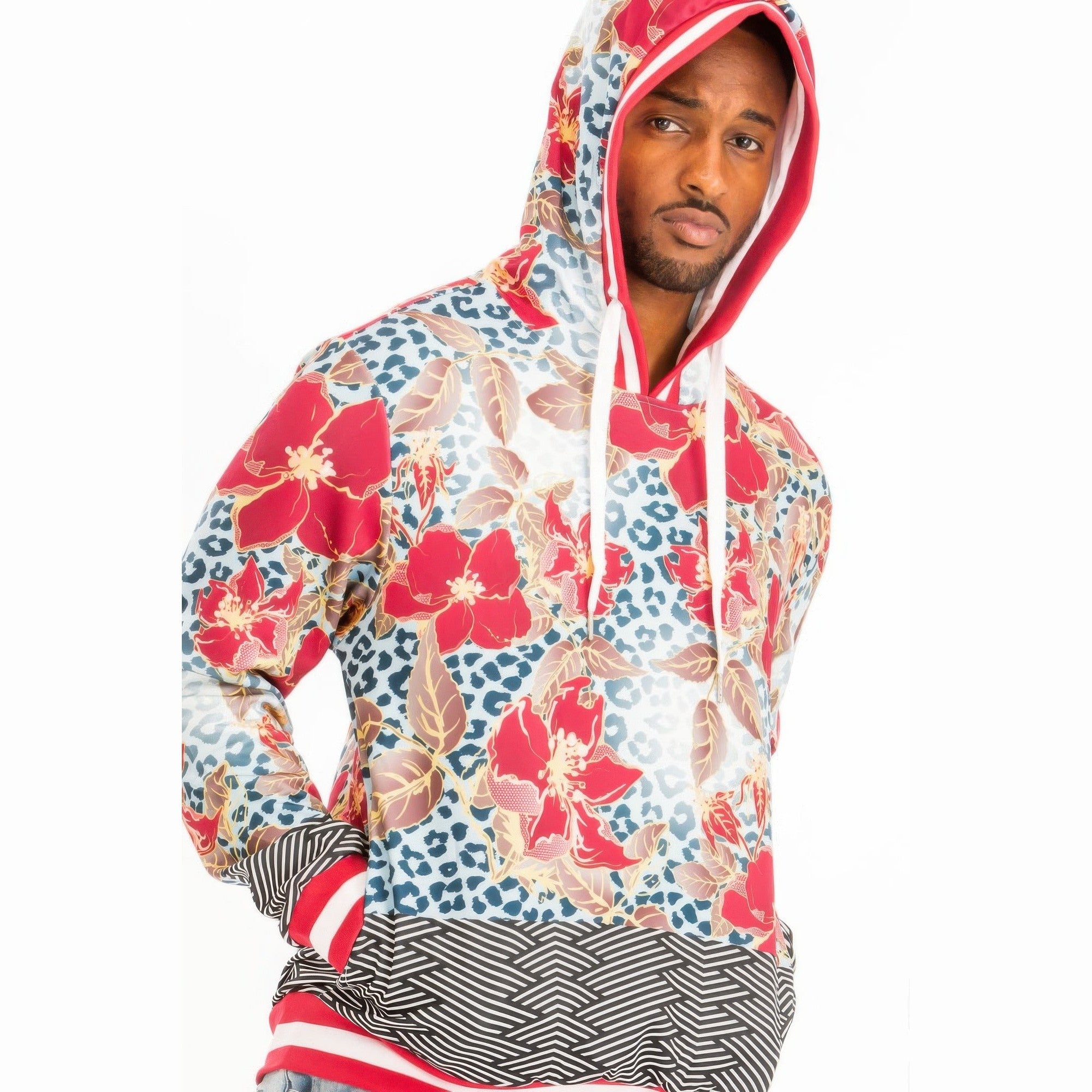 Men's island print hoodie set featuring vibrant floral and leopard patterns for a stylish look