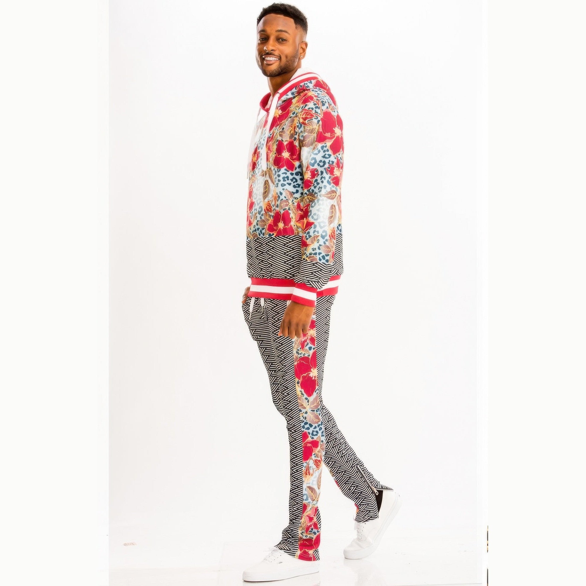 Men's 2PC Track Set featuring an island print hoodie set with colorful floral design and matching pants