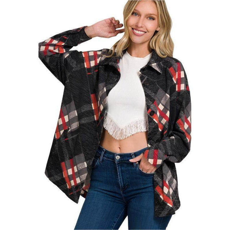 Jacquard Plaid Shacket With Pockets - VacationGrabs