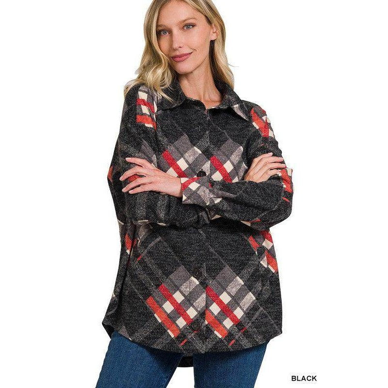 Jacquard Plaid Shacket With Pockets - VacationGrabs