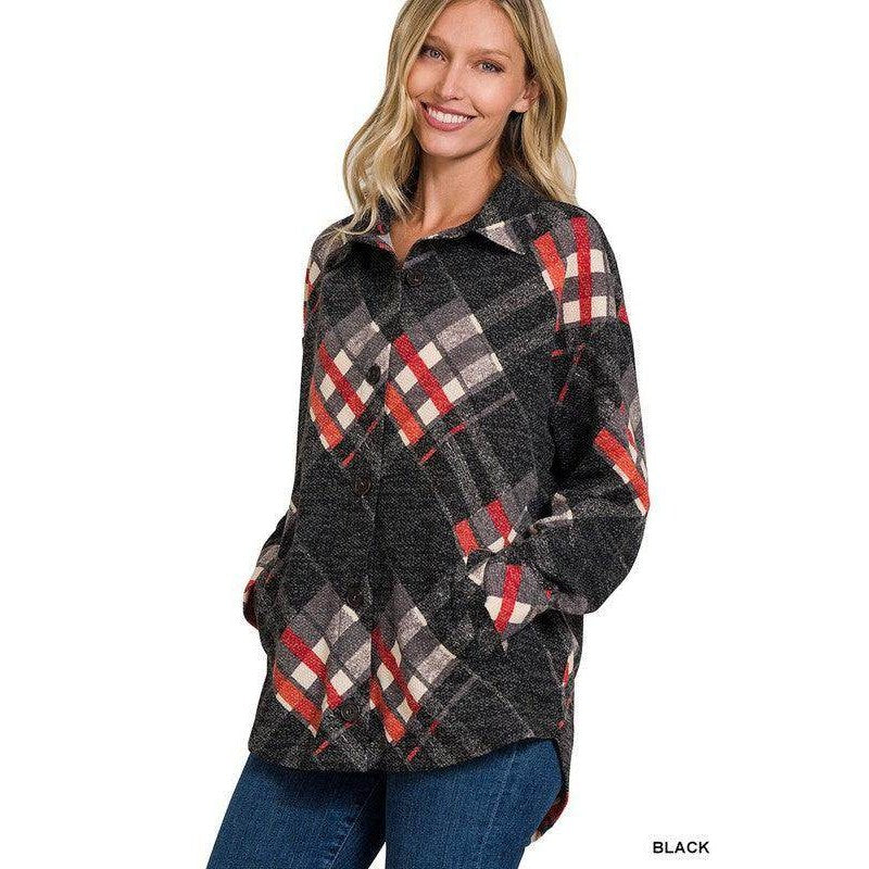 Jacquard Plaid Shacket With Pockets - VacationGrabs