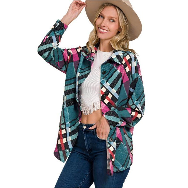 Jacquard Plaid Shacket With Pockets - VacationGrabs