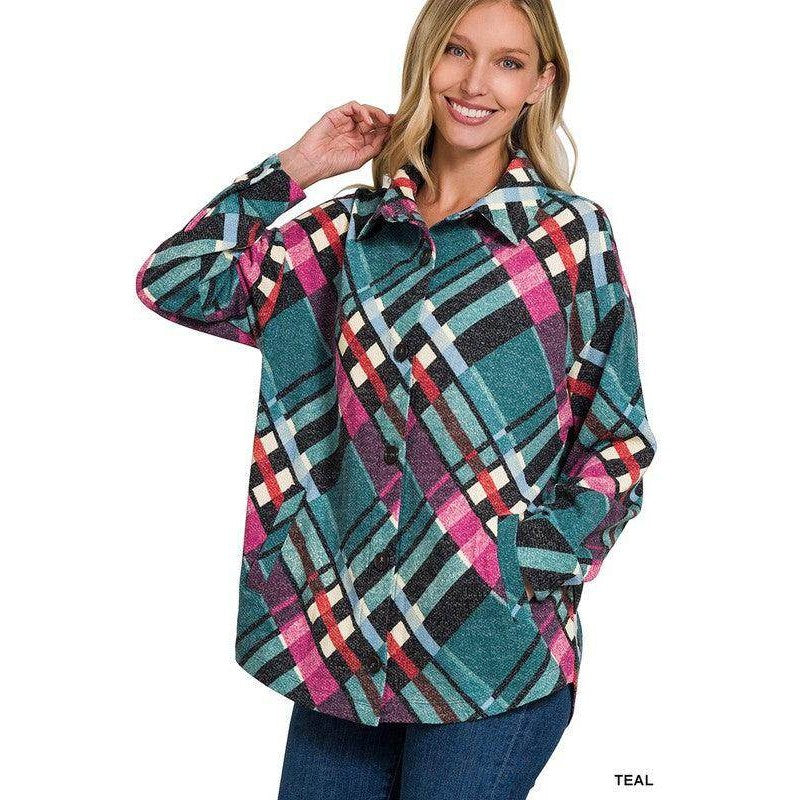 Jacquard Plaid Shacket With Pockets - VacationGrabs