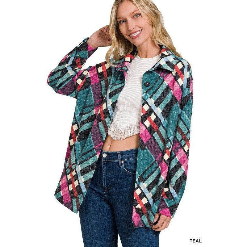 Jacquard Plaid Shacket With Pockets - VacationGrabs
