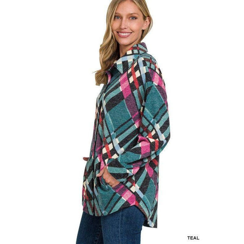 Jacquard Plaid Shacket With Pockets - VacationGrabs