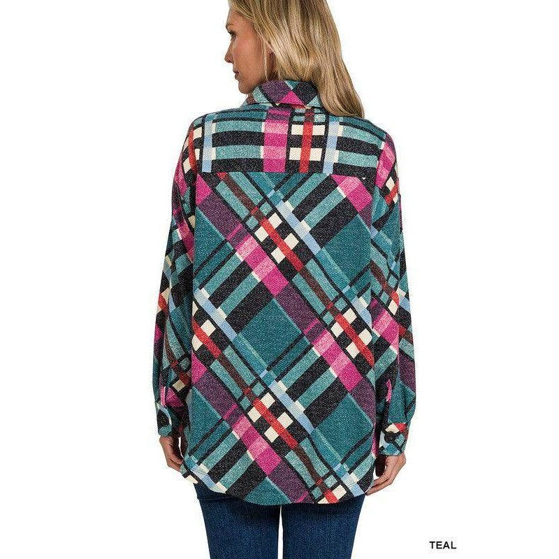 Jacquard Plaid Shacket With Pockets - VacationGrabs