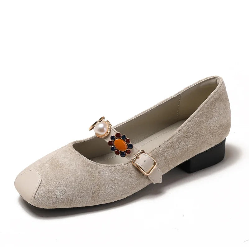 Jane Mary shoes in beige suede with decorative pearls for stylish wear
