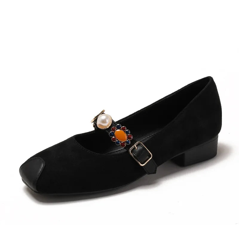 Black suede jane mary shoes with decorative buckle and low heel