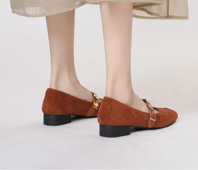 Brown suede jane mary shoes with decorative buckle for casual wear