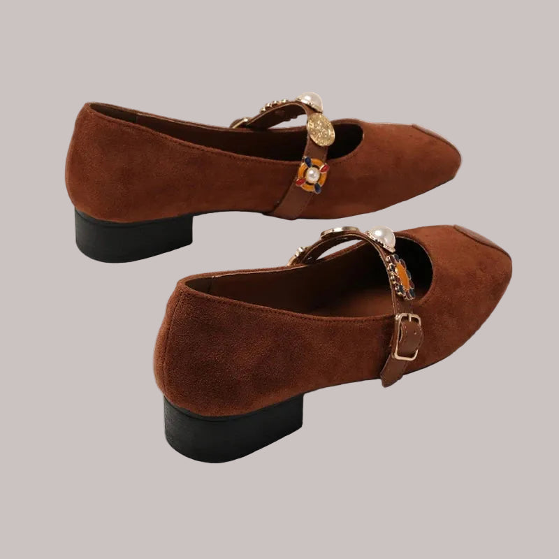 Jane Mary shoes in brown suede with decorative buckle detail