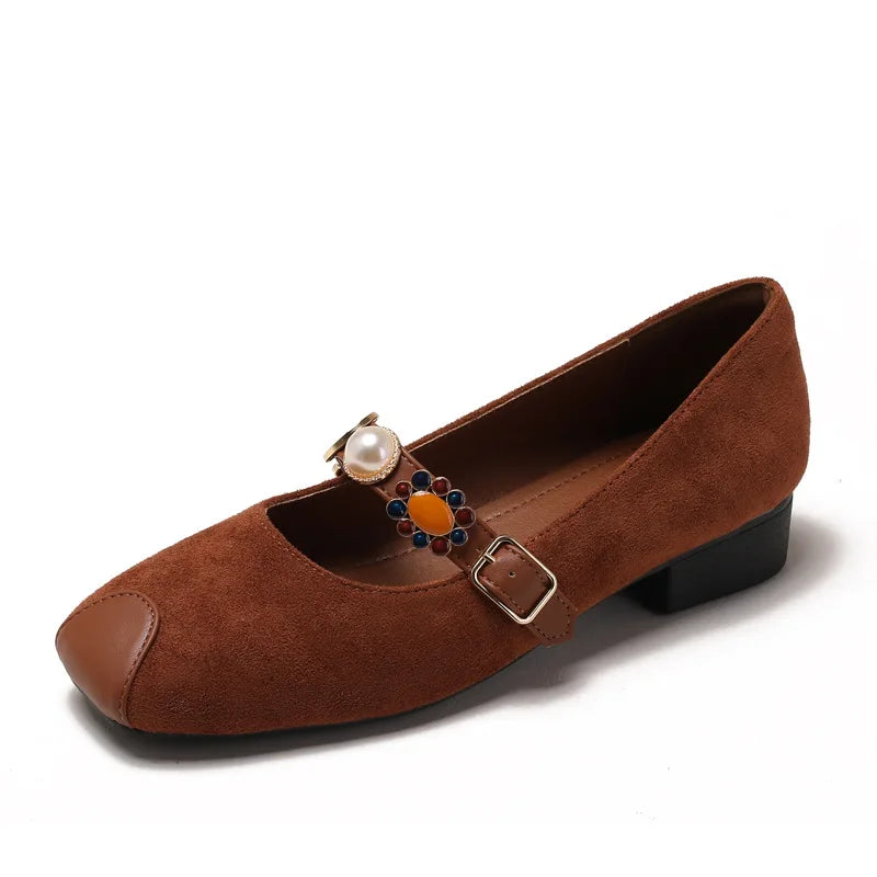 Brown suede jane mary shoes with decorative buckle for casual wear
