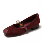 Jane Mary shoes in burgundy suede with decorative buckle detail