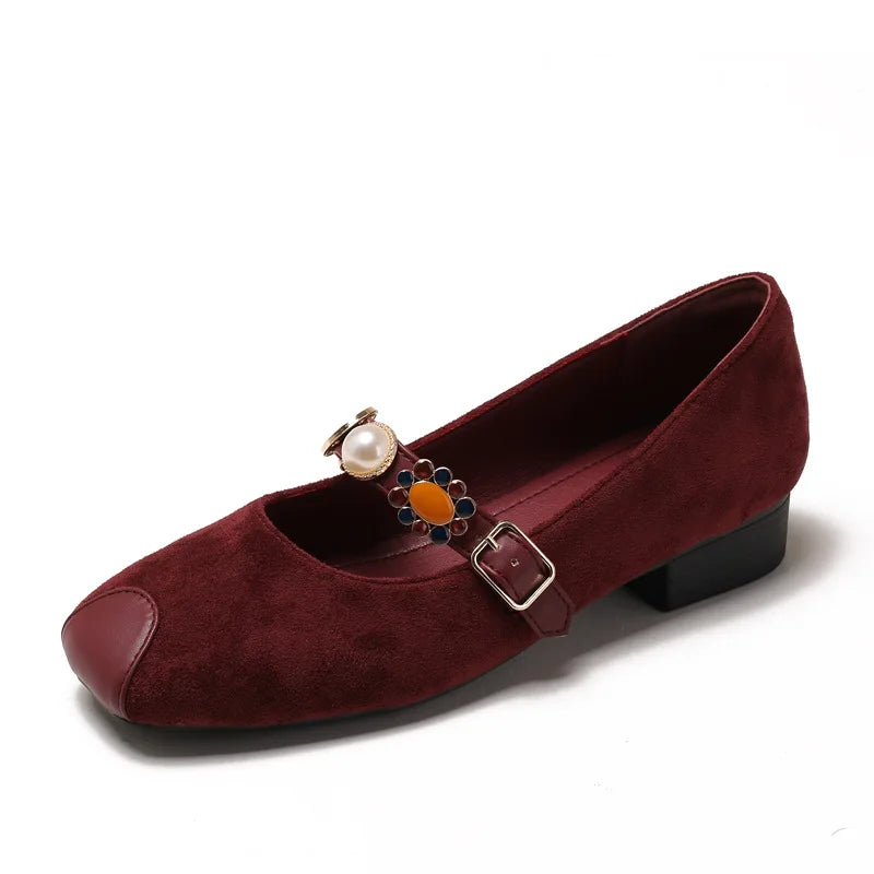 Jane Mary shoes in burgundy suede with decorative buckle detail