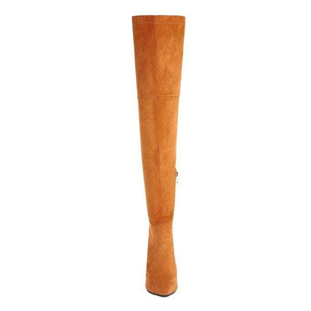 Jaynetts Stretch Suede Micro High Knee Boots - VacationGrabs