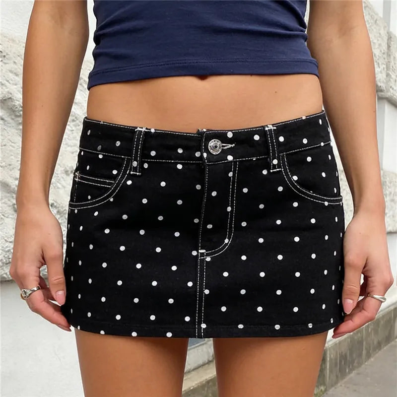 Women's black polka dot jean denim skirt, casual summer style