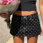 Women's polka dot black jean denim skirt, casual summer outfit
