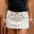 Women's white denim skirt with black polka dots for casual outings