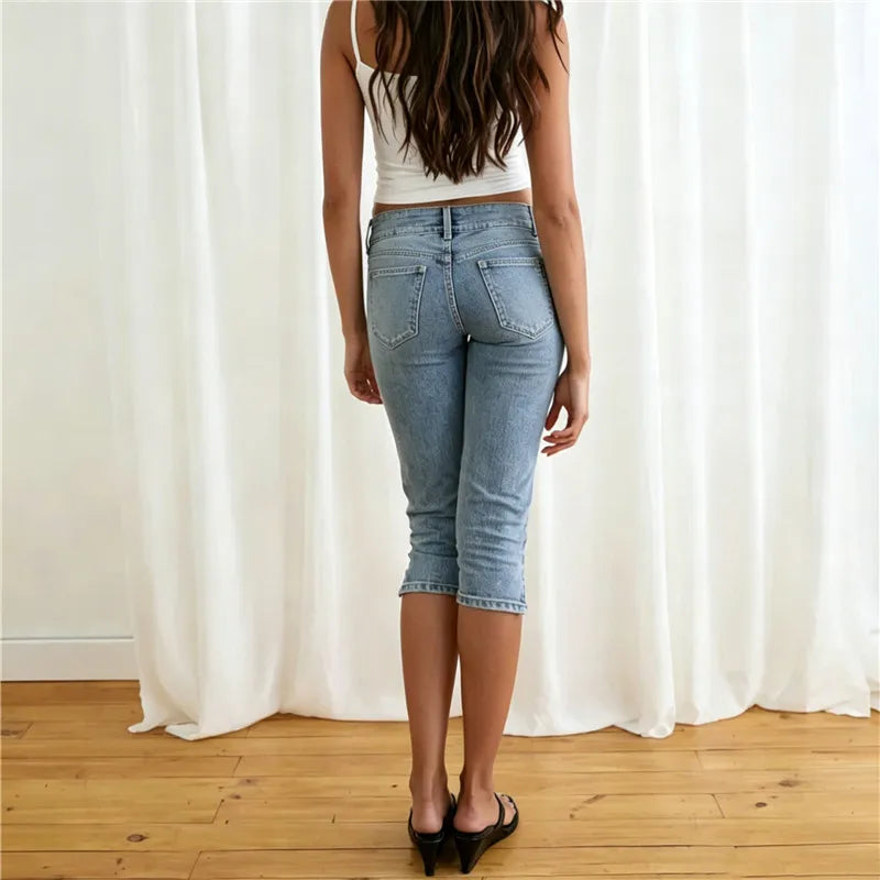Women's light blue jeans and capri pants for casual wear