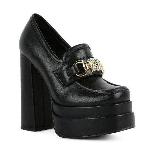 Rag Company jewel block heel loafers in black with a stylish gold embellishment