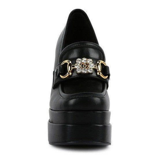 Rag Company jewel block heel loafers in black with decorative gold and crystal accents