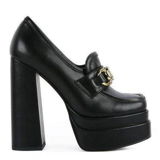 Rag Company women's jewel block heel loafers in black leather with stylish gold buckle detail
