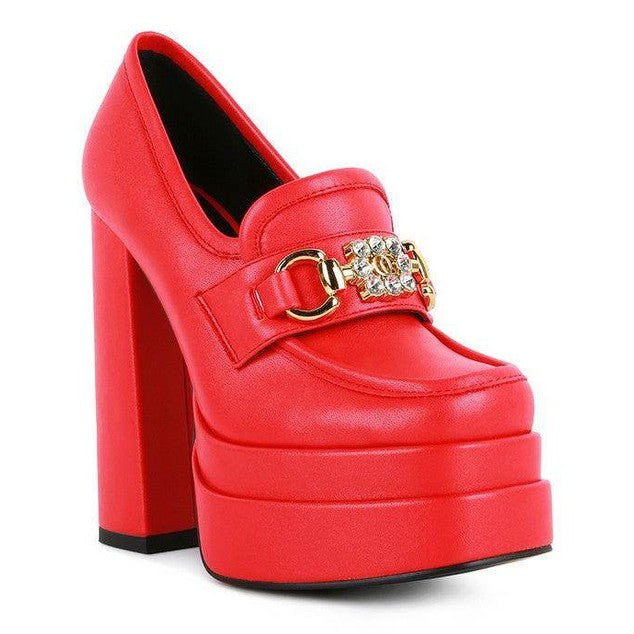 Bold red jewel block heel loafers with decorative gold buckle for a stylish elevation