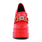 Rag Company jewel block heel loafers in bold red with decorative buckle for stylish comfort