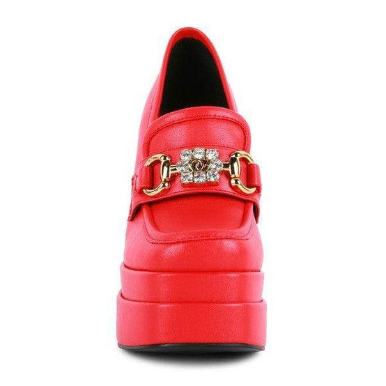 Rag Company jewel block heel loafers in bold red with decorative buckle for stylish comfort