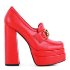 Red jewel block heel loafers with stylish buckle detail for a trendy look