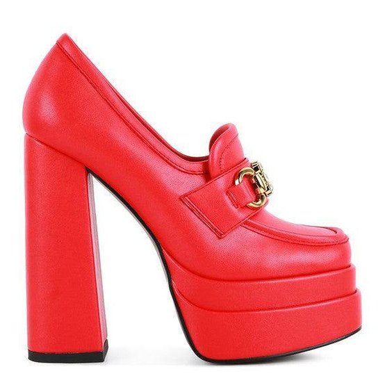 Red jewel block heel loafers with stylish buckle detail for a trendy look