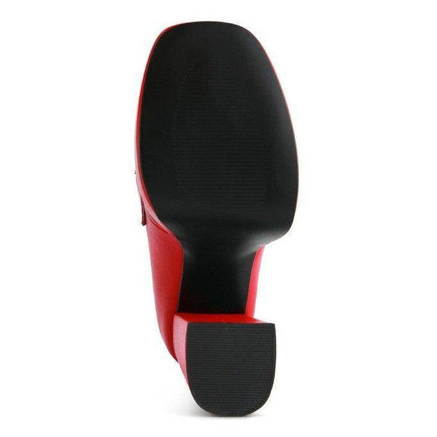 Sole view of Rag Company jewel block heel loafers in red for stylish women footwear.