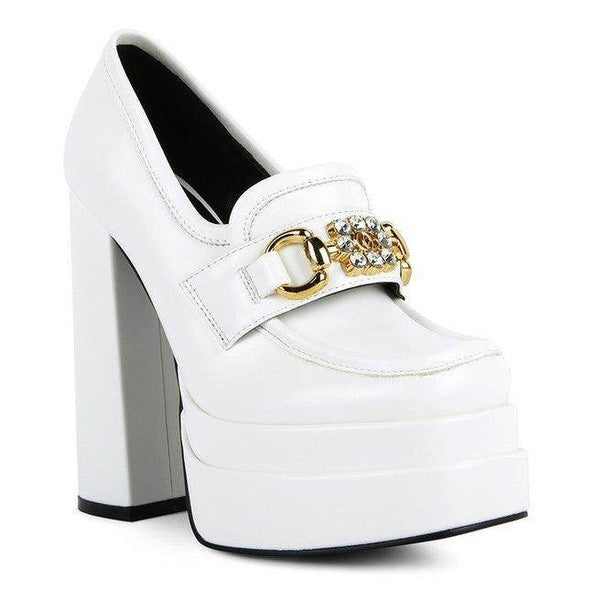 Stylish Rag Company white jewel block heel loafers with gold accent for modern elegance