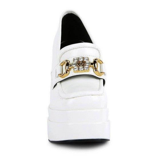 White jewel block heel loafers with a gold buckle and crystal detailing for stylish women