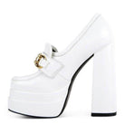 Stylish white jewel block heel loafers with a bold platform and elegant buckle detail