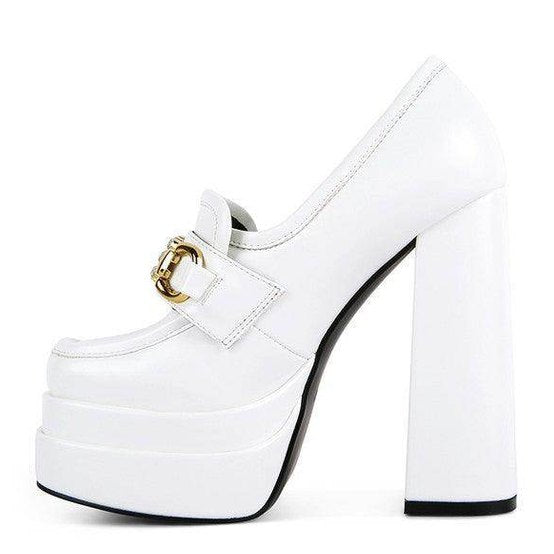 Stylish white jewel block heel loafers with a bold platform and elegant buckle detail