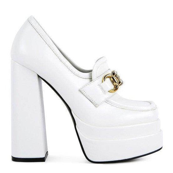 Rag Company jewel block heel loafers in white with a stylish buckle detail