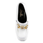 Rag Company stylish jewel block heel loafers in white with gold accents and decorative buckle