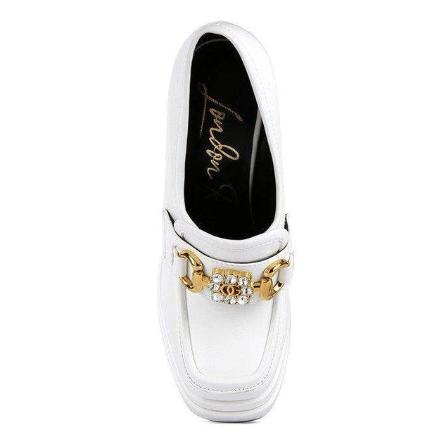Rag Company stylish jewel block heel loafers in white with gold accents and decorative buckle