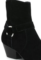 Rag Company black jockey suede boots for women featuring a stylish buckle detail and a chunky heel