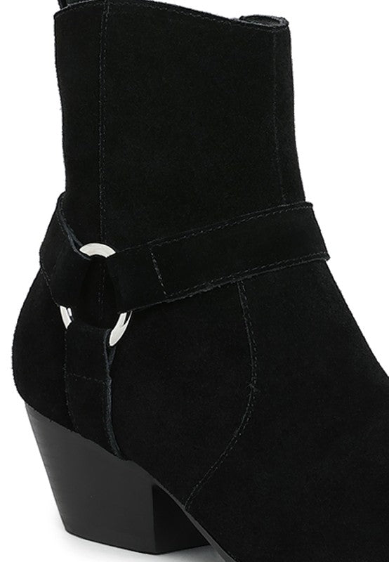 Rag Company black jockey suede boots for women featuring a stylish buckle detail and a chunky heel