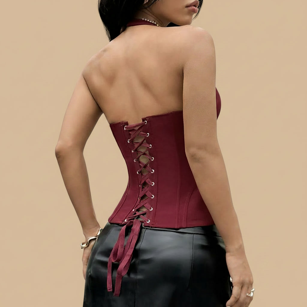 Burgundy women's clubwear top in stretchy fabric, perfect for nightlife