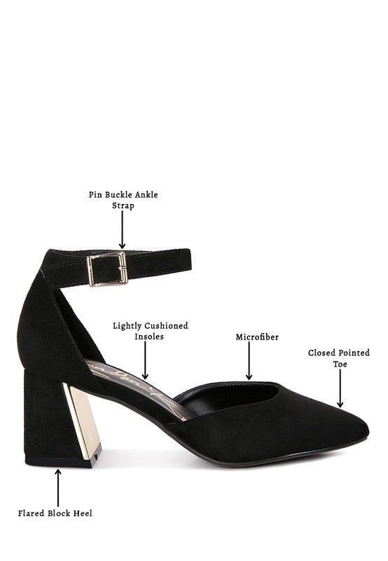 Rag Company women's metallic block heel sandals in black with pin buckle ankle strap and closed pointed toe