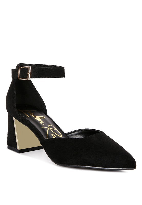 Rag Company women's metallic block heel sandals in black with ankle strap and pointed toe